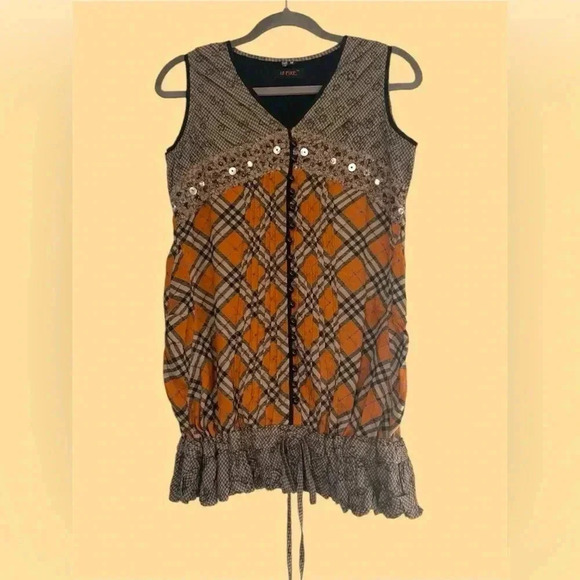 18 FIRE Orange and black plaid sleeveless boho blouse with ruffles Tunic Dress M - Picture 1 of 3